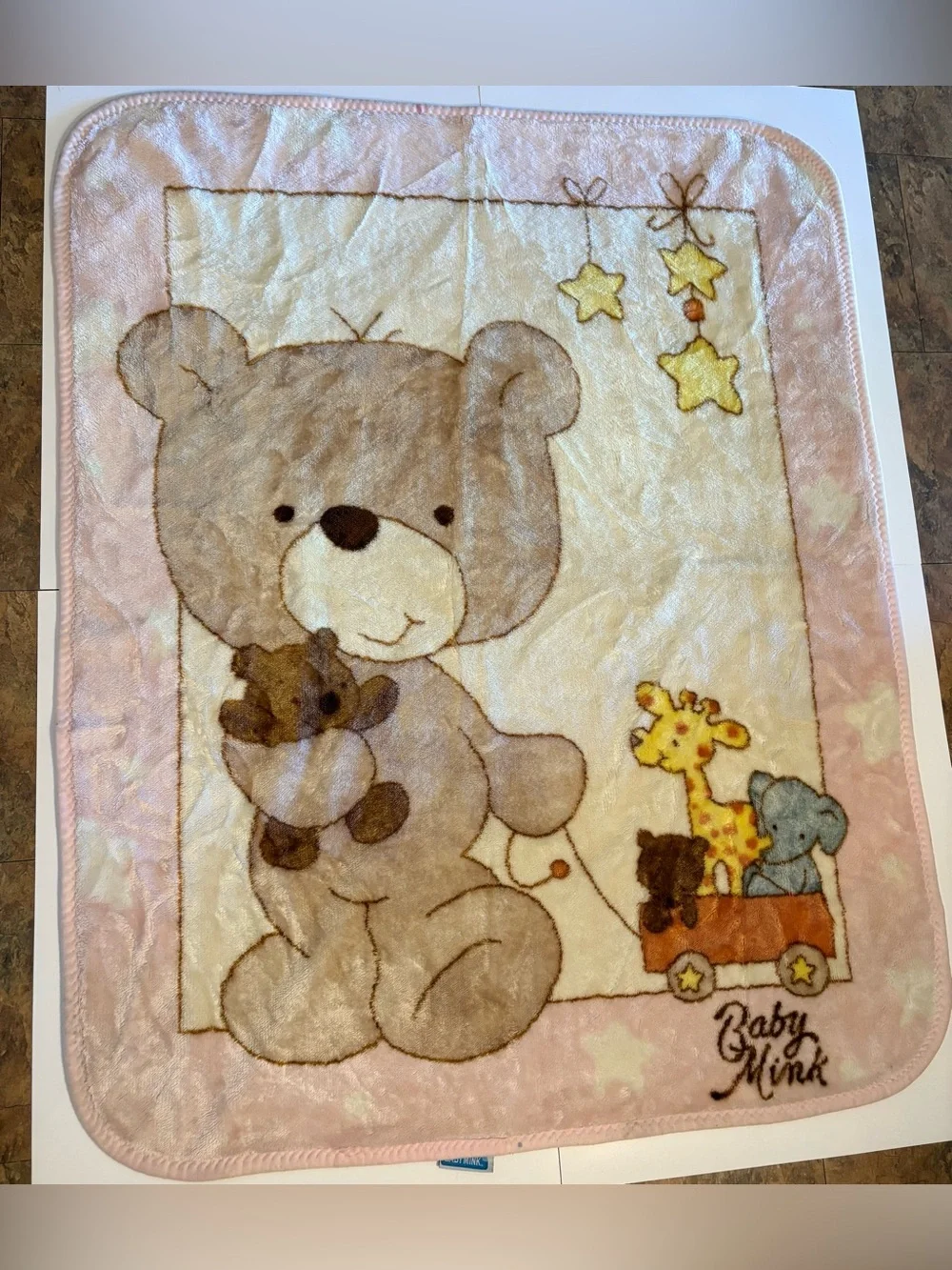 vintage super soft cozy pink Baby Mink brand blanket featuring a large bear